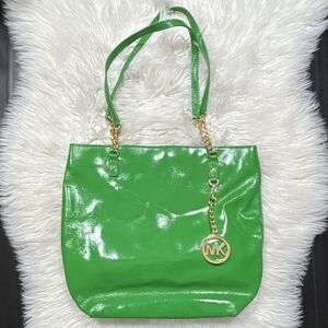 Michael Kors Green Patent Shoulder Bag MK Logo Charm Gold Tone Hardware